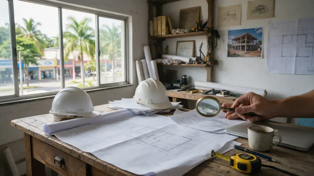 Mesa de escritório de construtora com plantas, capacetes e uma lupa conferindo documentos