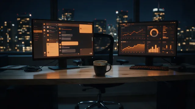 Escritório à noite com dois monitores mostrando conversas e gráficos