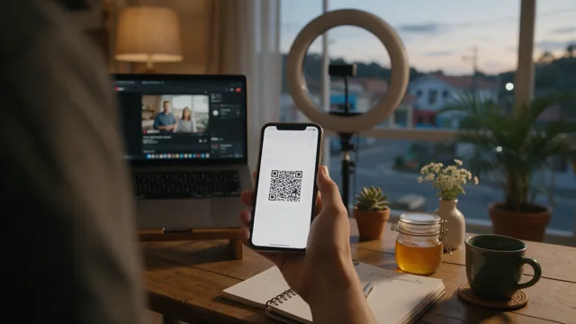 Celular com um QR code de pagamento na mesa de um criador de cursos, com notebook e ring light