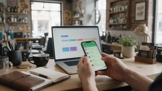 Mãos segurando um celular com WhatsApp na frente de um notebook com o CRM aberto
