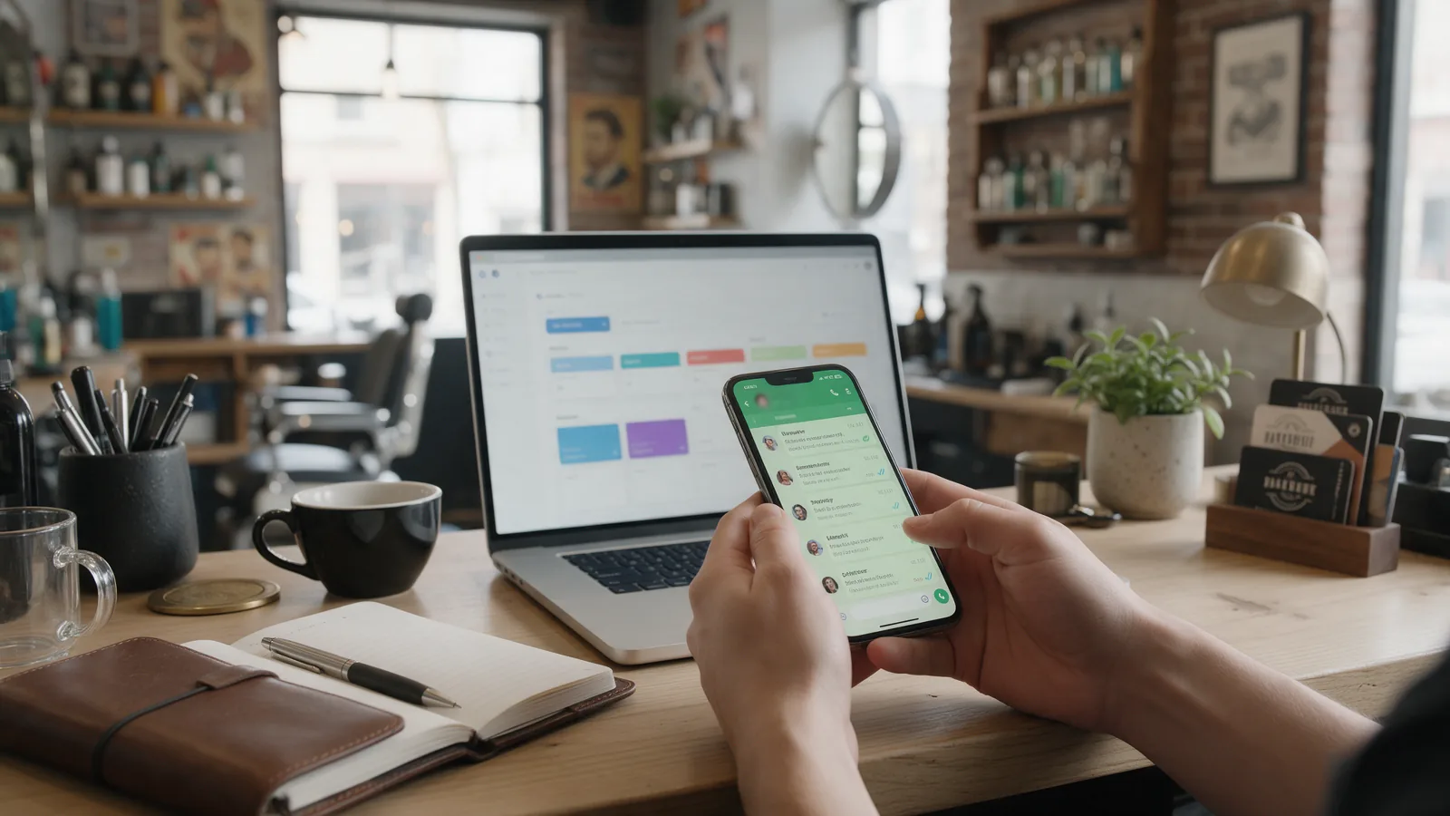 Mãos segurando um celular com WhatsApp na frente de um notebook com o CRM aberto